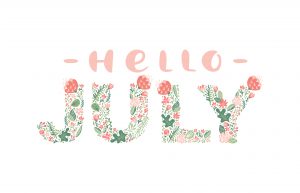 Hello July handwritten calligraphy lettering text. Summer month vector with flowers and leaves